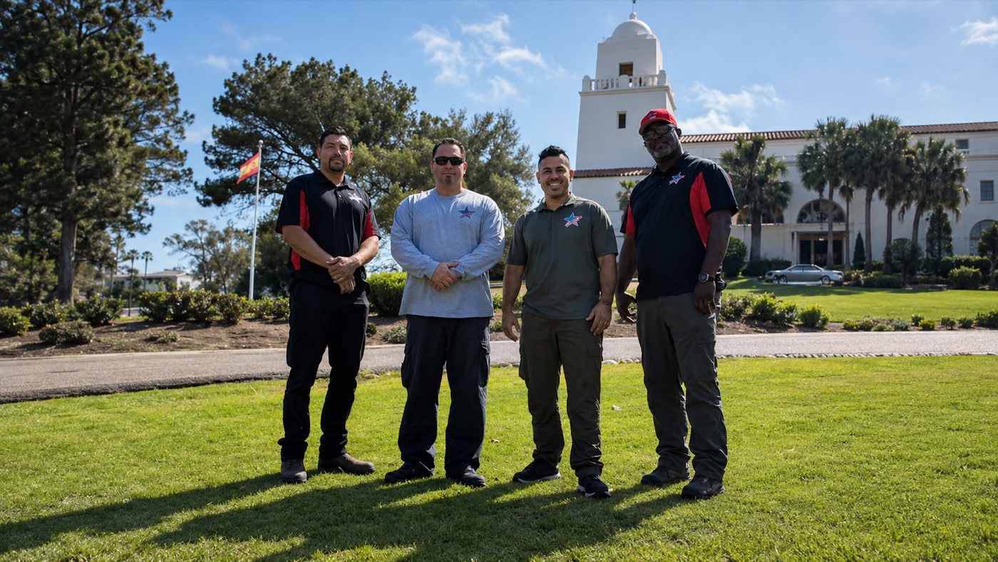 Four people in work shirts standing on a lawn in front of a Spanish colonial building in San Diego.