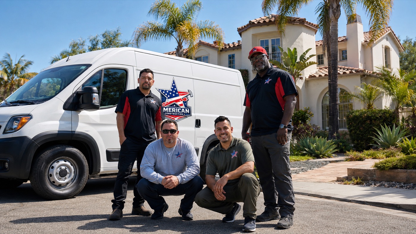 Four people in work shirts beside a white van in front of a Spanish style house.